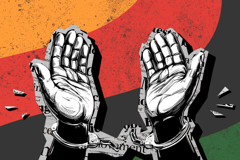 Enslaved hands in shackles, in front of the Juneteenth flag of red, green, yellow, and black.