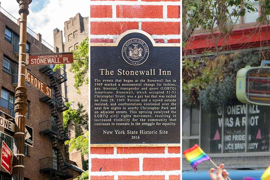 Image showing photos related to the Stonewall Riots: Collage of 3 images, one showing the street sign, another the Stonewall Riot plaque and the last zoomed into writing on a window in a Pride March which reads 'Stonewall was a riot'. All representative of The Origins of Pride.
